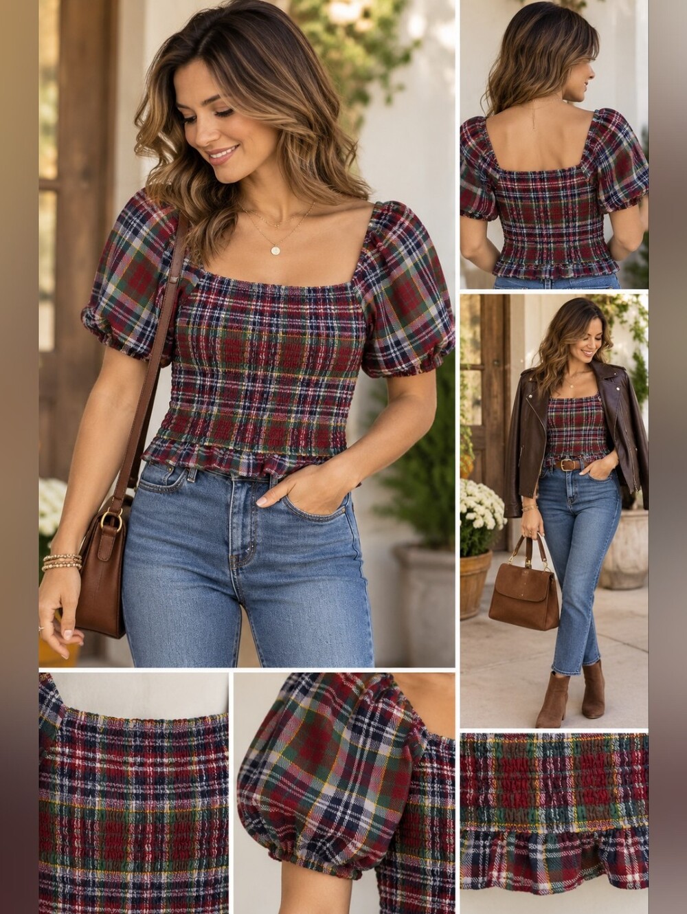 American Eagle Plaid Smocked Puff Sleeve Crop Top Size S
